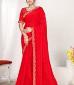 Designer red heavy zarkan work two tone satin silk saree