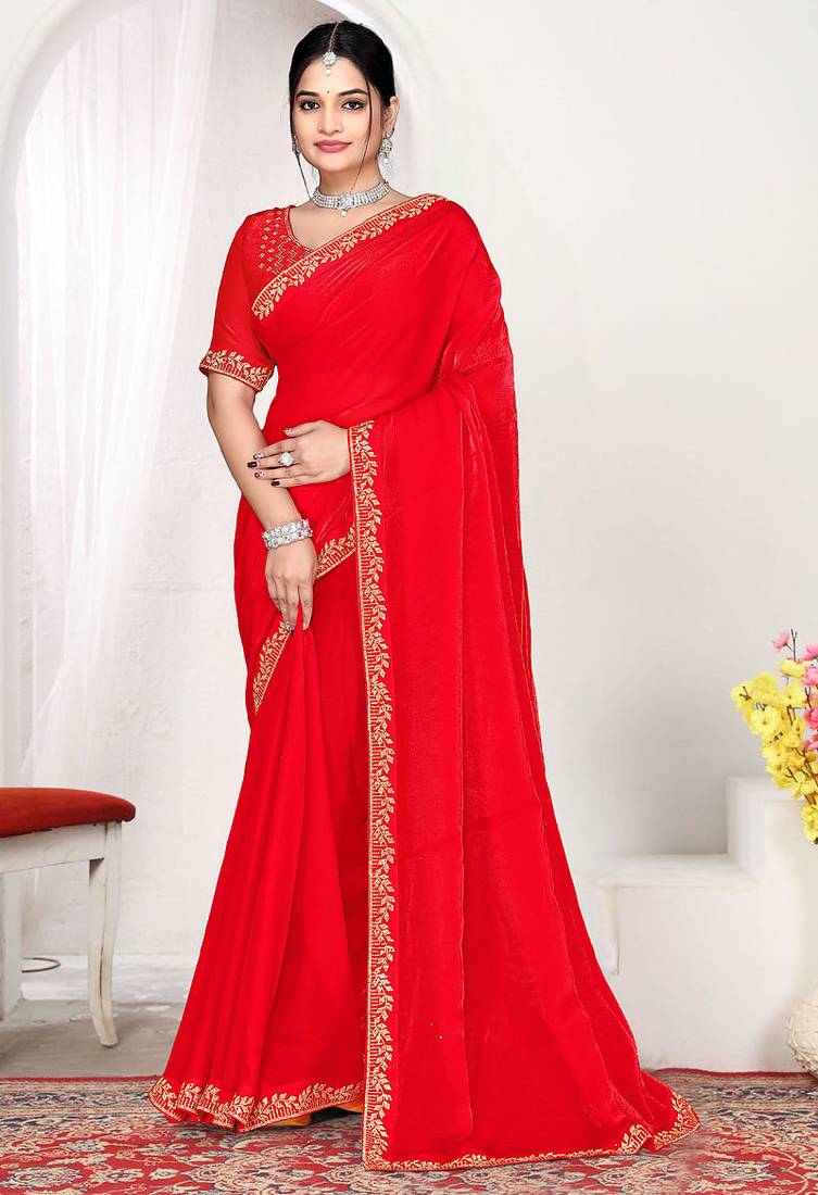 Designer red heavy zarkan work two tone satin silk saree