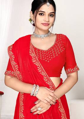 red heavy zarkan work two tone satin designer silk saree 2