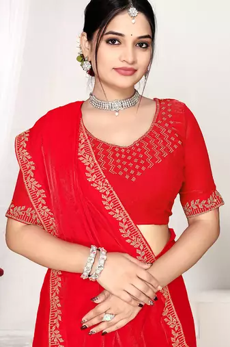 red heavy zarkan work two tone satin designer silk saree