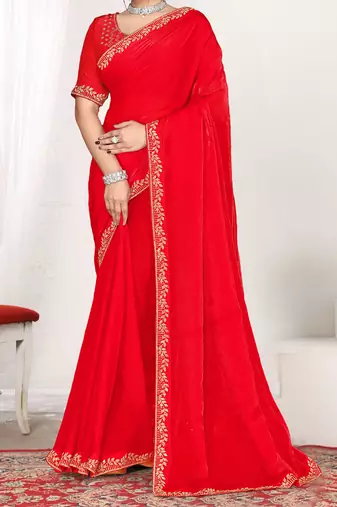 red heavy zarkan work two tone satin designer silk saree