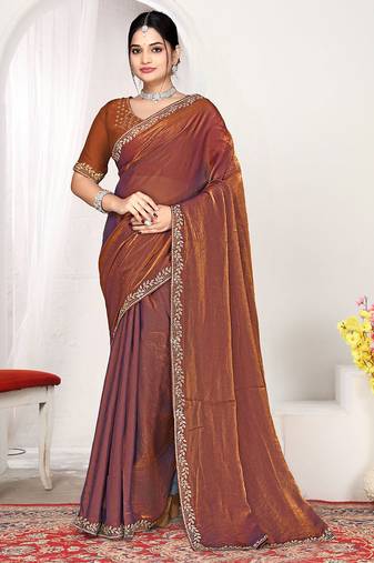 Designer rust heavy zarkan work two tone satin silk saree