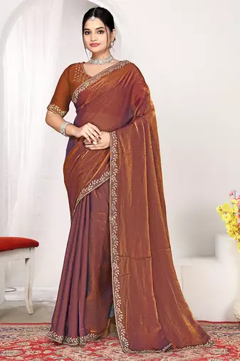 Designer rust heavy zarkan work two tone satin silk saree