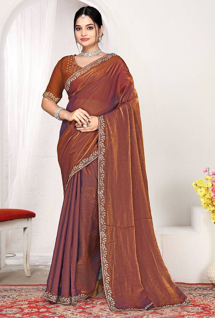 Designer rust heavy zarkan work two tone satin silk saree
