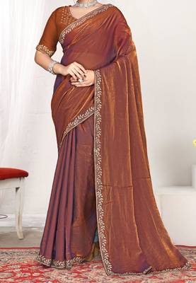 rust heavy zarkan work two tone satin designer silk saree 3