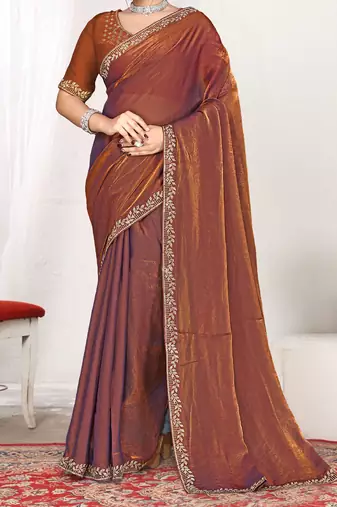 rust heavy zarkan work two tone satin designer silk saree