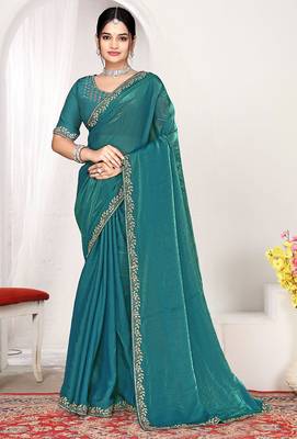 sky blue heavy zarkan work two tone satin designer silk saree 1