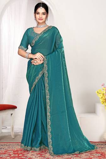 Designer sky blue heavy zarkan work two tone satin silk saree