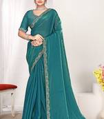 Designer sky blue heavy zarkan work two tone satin silk saree