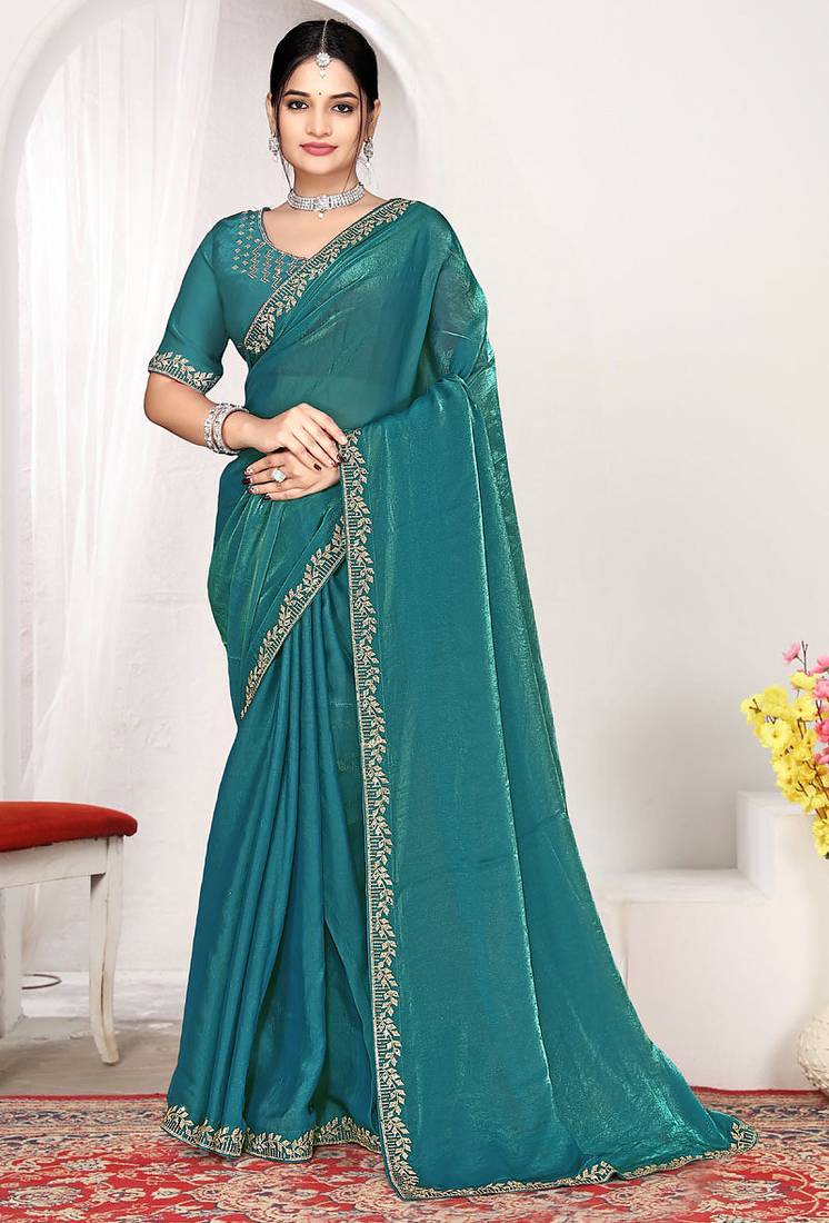 Designer sky blue heavy zarkan work two tone satin silk saree