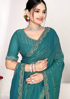 sky blue heavy zarkan work two tone satin designer silk saree 2