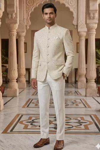 White imported soft golden jari jodhpuri for men | premium designer bandhgala ethnic wear