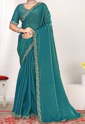 sky blue heavy zarkan work two tone satin designer silk saree 3