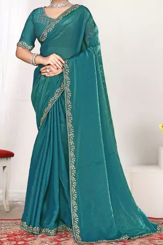 sky blue heavy zarkan work two tone satin designer silk saree