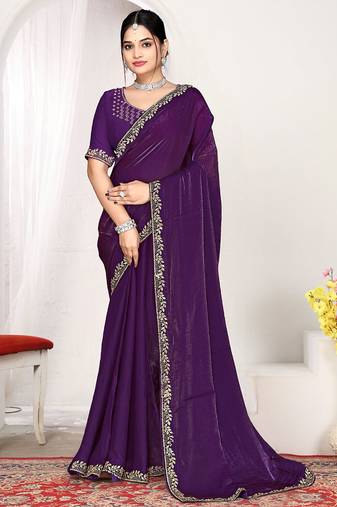Designer purple heavy zarkan work two tone satin silk saree