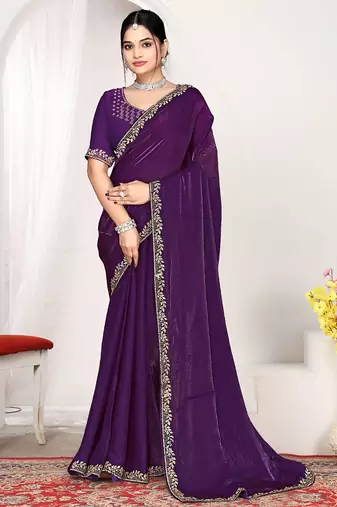 Designer purple heavy zarkan work two tone satin silk saree