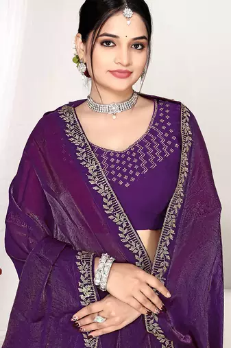 purple heavy zarkan work two tone satin designer silk saree