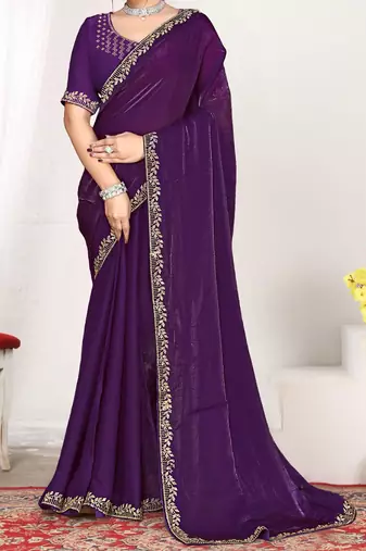 purple heavy zarkan work two tone satin designer silk saree