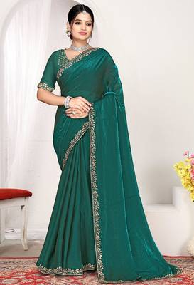 rama green heavy zarkan work two tone satin designer silk saree 1