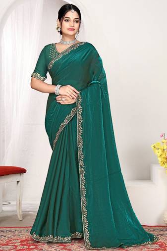 Designer rama green zarkan work two tone satin silk saree