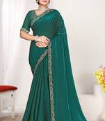 Designer rama green zarkan work two tone satin silk saree
