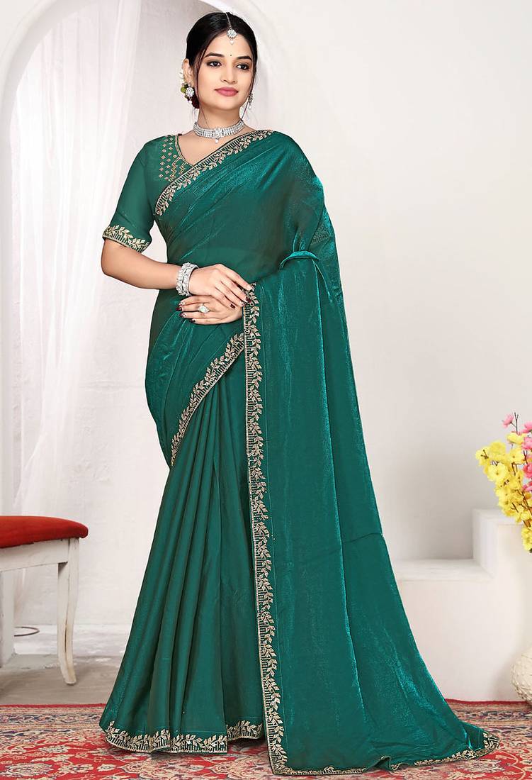 Designer rama green zarkan work two tone satin silk saree