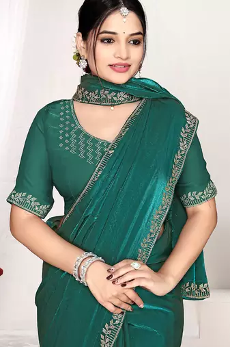 rama green heavy zarkan work two tone satin designer silk saree
