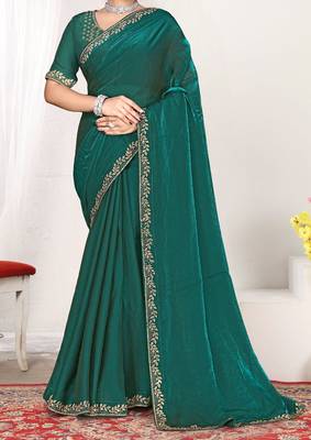 rama green heavy zarkan work two tone satin designer silk saree 3