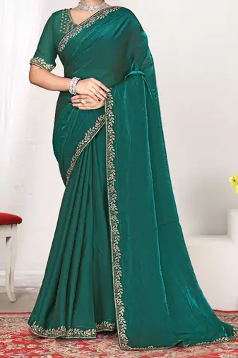 rama green heavy zarkan work two tone satin designer silk saree