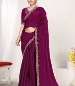 Designer wine heavy zarkan work two tone satin silk saree