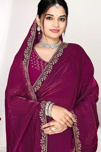 wine heavy zarkan work two tone satin designer silk saree