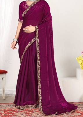 wine heavy zarkan work two tone satin designer silk saree 3