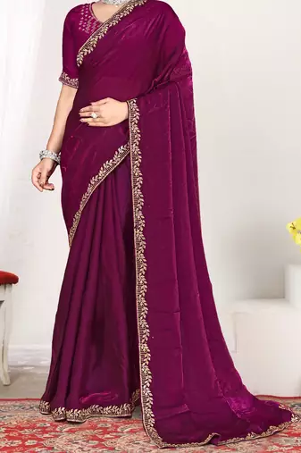 wine heavy zarkan work two tone satin designer silk saree