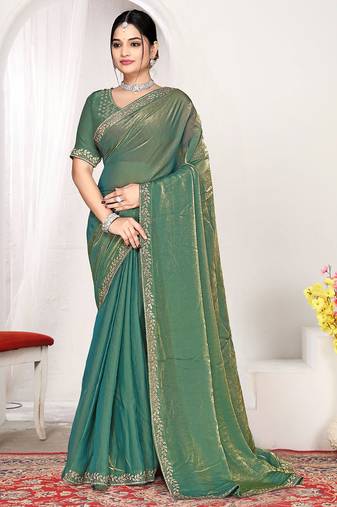 Designer blue heavy zarkan work two tone satin silk saree