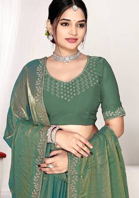 ice blue heavy zarkan work two tone satin designer silk saree 2