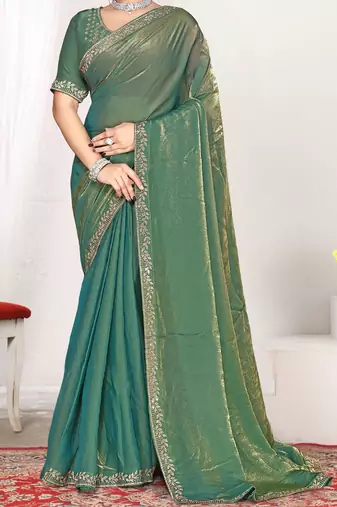 ice blue heavy zarkan work two tone satin designer silk saree
