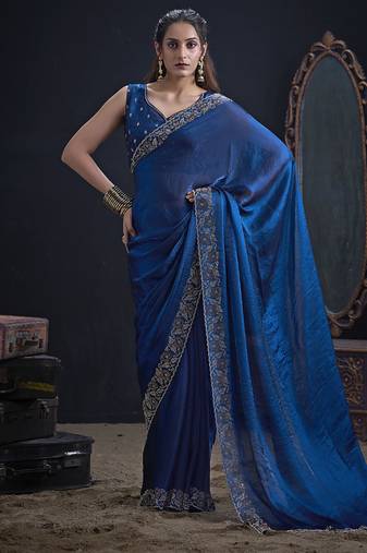 Indian teal blue heavy hand work zarkan border silk saree