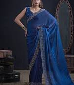 Indian teal blue heavy hand work zarkan border silk saree