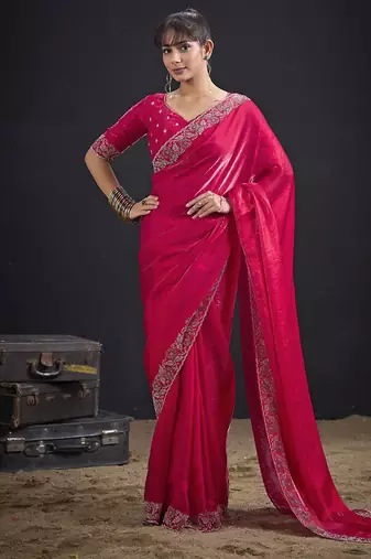 rani heavy handwork zarkan border satin silk saree