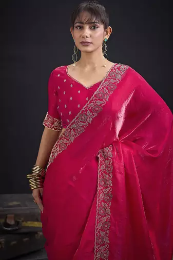 rani heavy handwork zarkan border satin silk saree