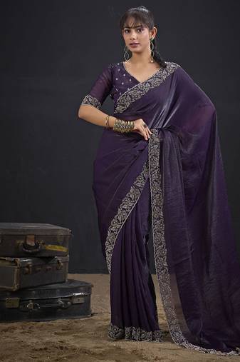 Indian purple heavy hand work zarkan border silk saree