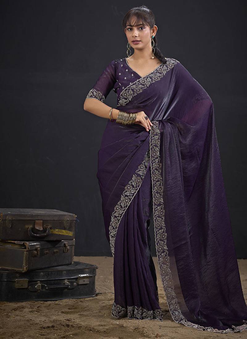 Indian purple heavy hand work zarkan border silk saree