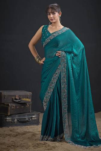 Indian rama green heavy hand work zarkan border silk saree