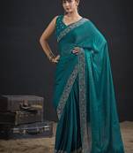 Indian rama green heavy hand work zarkan border silk saree