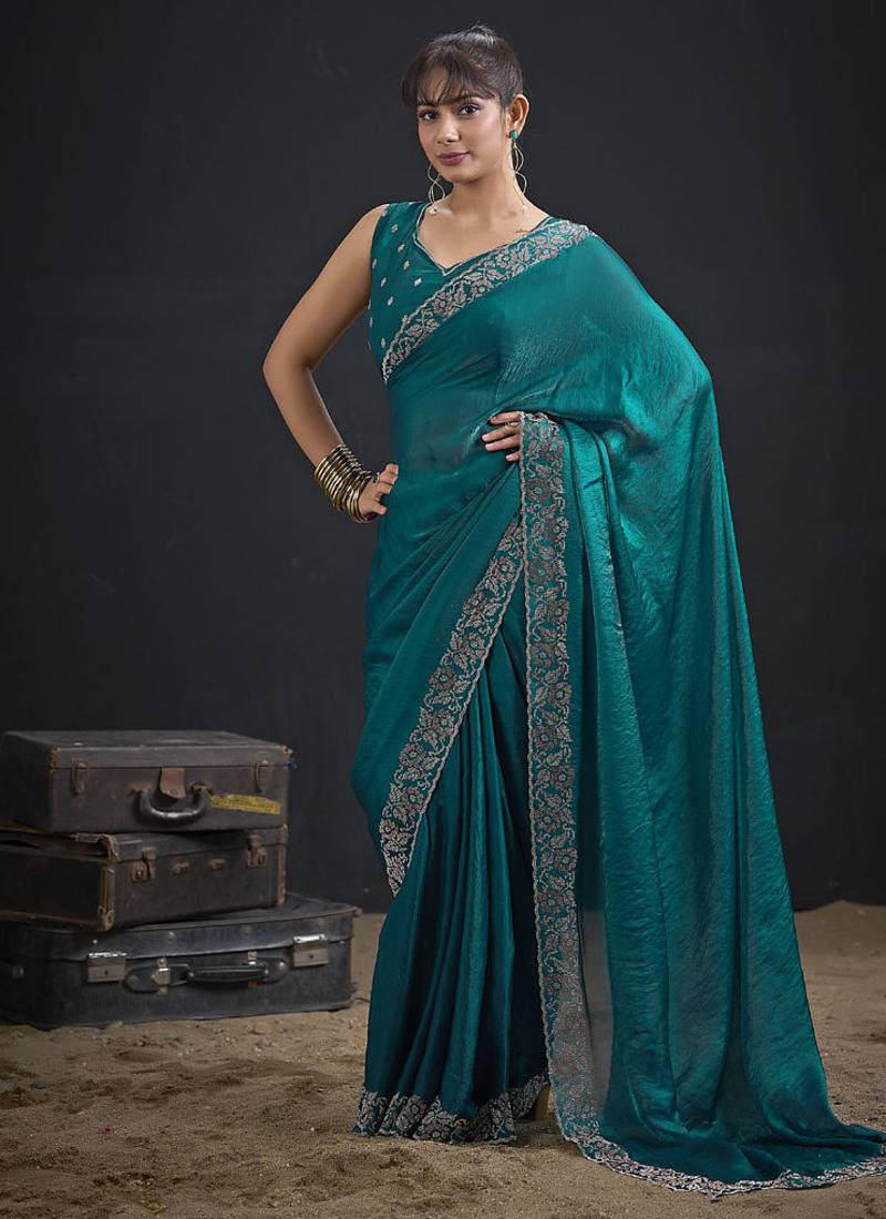 Indian rama green heavy hand work zarkan border silk saree