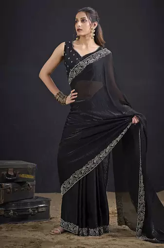 Indian black heavy hand work zarkan border silk saree