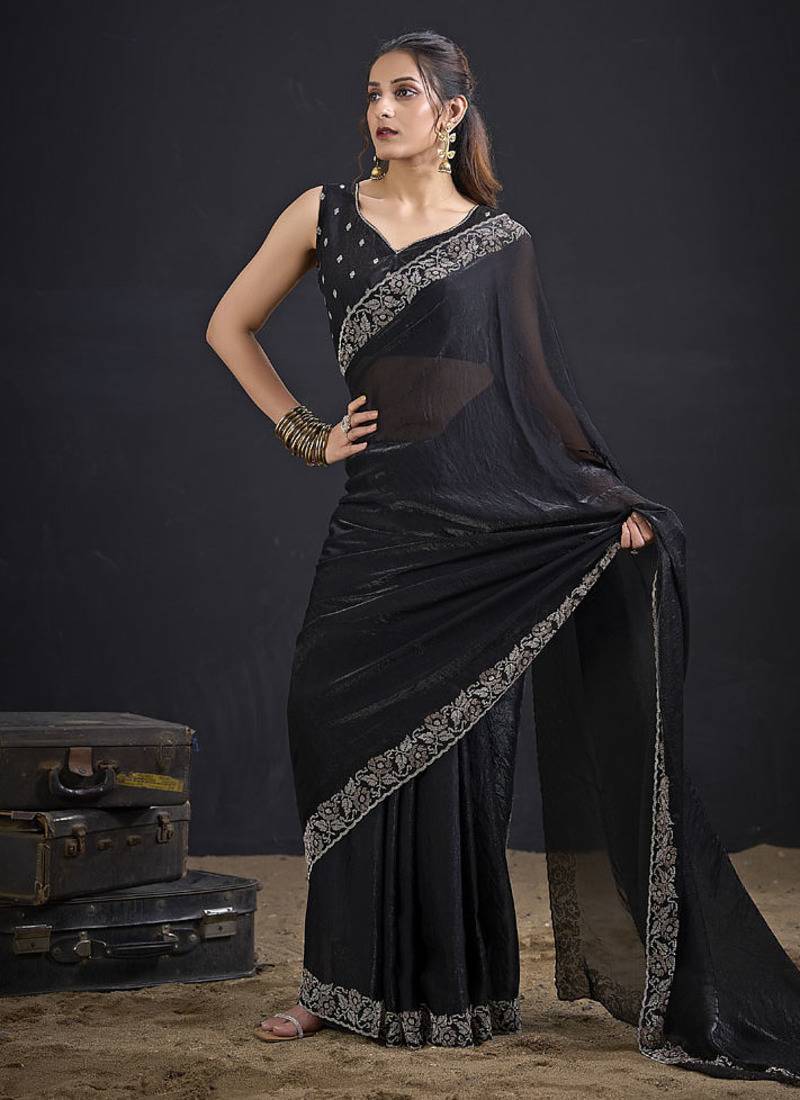 Indian black heavy hand work zarkan border silk saree