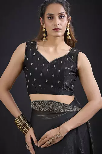 black heavy handwork zarkan border satin silk saree