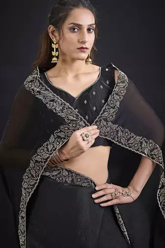 black heavy handwork zarkan border satin silk saree