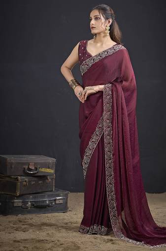 Indian maroon heavy hand work zarkan border silk saree